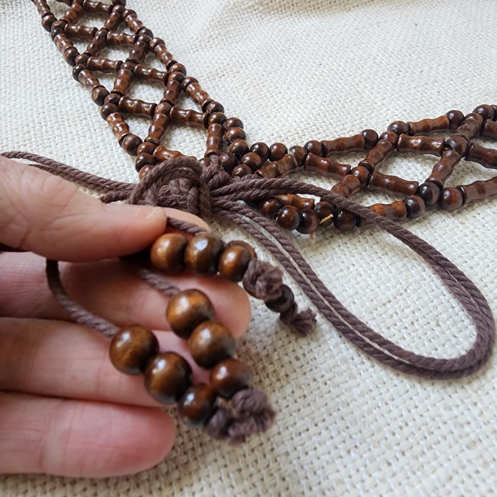 Handmade Bali Beaded Wood Ethnic Boho Tassel Belt Beads Cotton Fringe